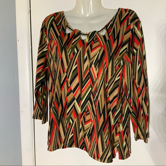 Rafaella Geometric Stripes Earthy Colors Lace Chain Neckline L/P TOP - Picture 8 of 13